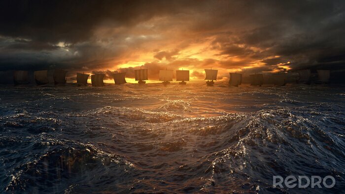 Fotobehang Vikingen schepen onder de storm.