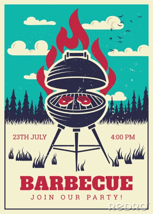 Fotobehang Vintage BBQ-grill partij poster. Heerlijke gegrilde burgers, familie barbecue vector uitnodigingskaart
