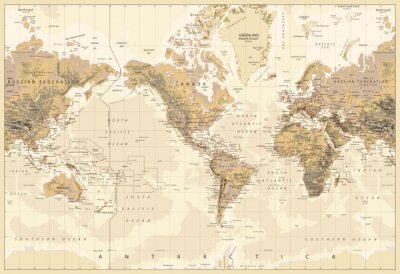 Vintage Fysieke Wereld Kaart-Amerika Gecentreerde-Kleuren Van Bruin