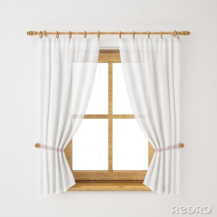 Fotobehang vintage houten raamkozijn met gordijn