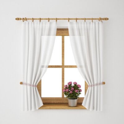 Fotobehang vintage houten raamkozijn met gordijn en bloempot