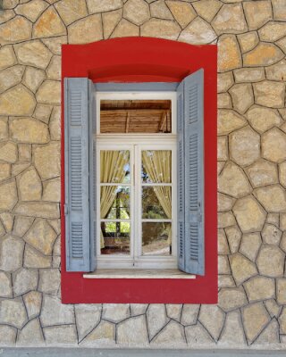 Fotobehang vintage huis raam, Kalavryta Griekenland