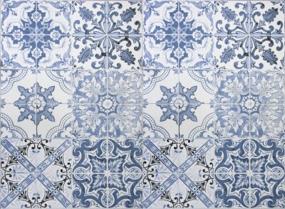 Fotobehang Vintage keramische tegels muur decoratie. Turquoise tegels muur achtergrond