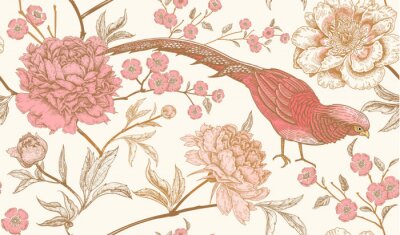 Vintage met roze vogels en bloemen