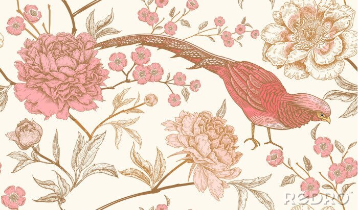 Fotobehang Vintage met roze vogels en bloemen