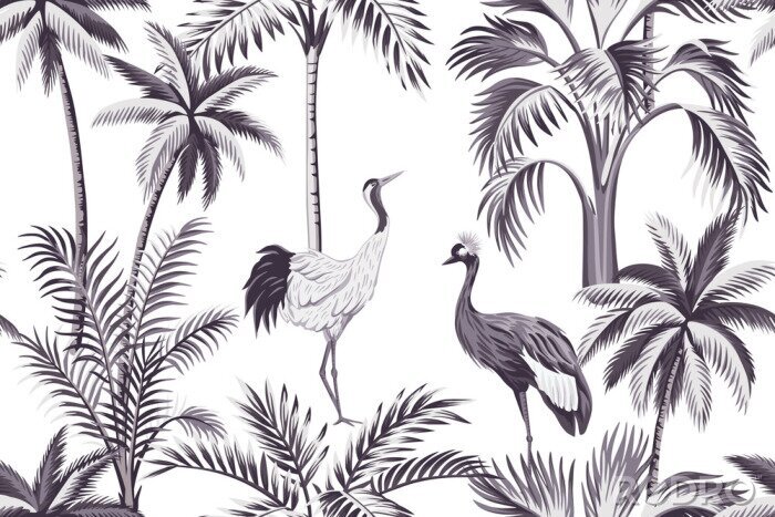 Fotobehang Vintage motief met palmbomen en vogels