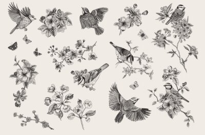 Fotobehang Vintage motief met vogels tussen sierlijke bloemen