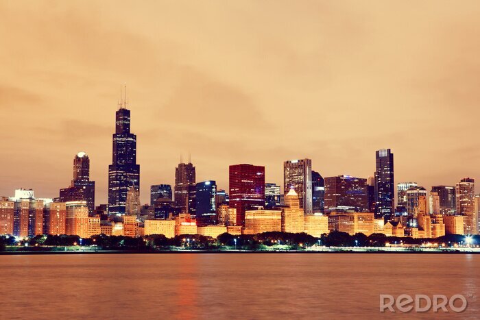 Fotobehang Vintage skyline van Chicago bij nacht