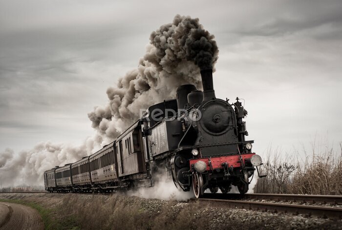 Fotobehang Vintage steam train with ancient locomotive and old carriages runs on the tracks in the countryside