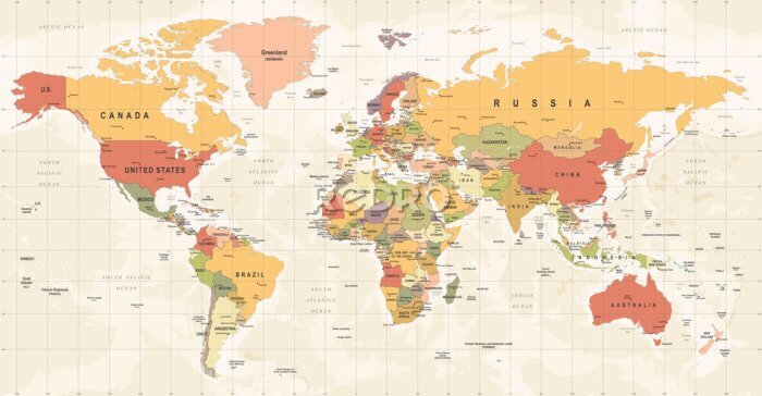 Fotobehang Vintage wereldkaart op cartografisch raster