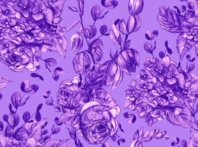Fotobehang Violette rozen en hortensia's