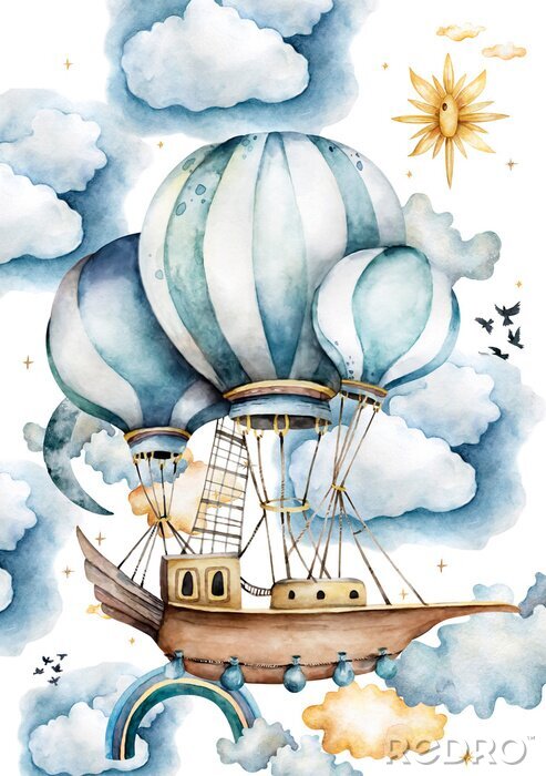 Fotobehang Vliegend schip op ballonnen tussen pluizige wolken