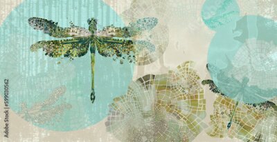 Fotobehang Vliegende libellen met aquarelaccenten abstract patroon