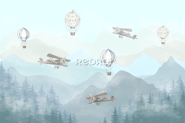 Fotobehang Vliegende vliegtuigen en ballonnen op een blauwe achtergrond