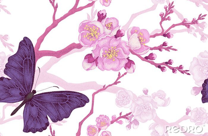 Fotobehang Vlinder aan een roze bloem met takjes
