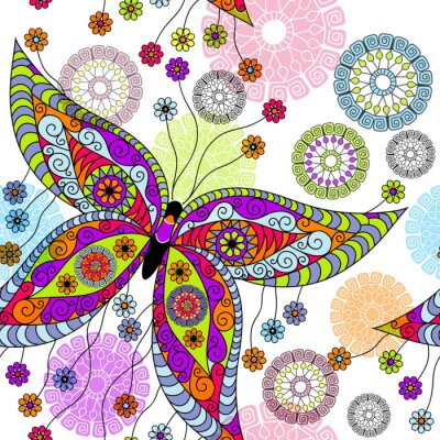 Fotobehang Vlinder en bloemen in etnostijl
