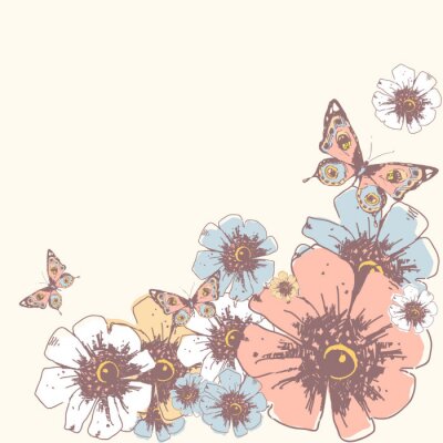 Fotobehang Vlinder en bloemen op beige achtergrond