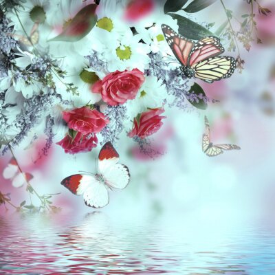 Fotobehang Vlinder en rozenboeket