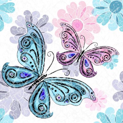 Fotobehang Vlinders en bloemen in pastel