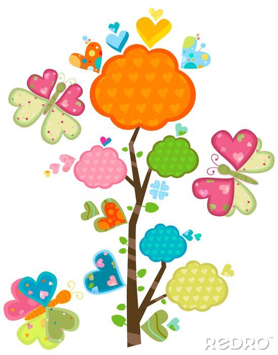 Fotobehang Vlinders en een boom met kleurrijke hartjes
