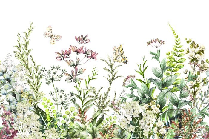 Fotobehang Vlinders vliegen over veldplanten