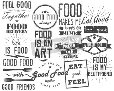 Fotobehang Voedsel gerelateerde typografische citaten, labels, badges, ontwerpelementen.