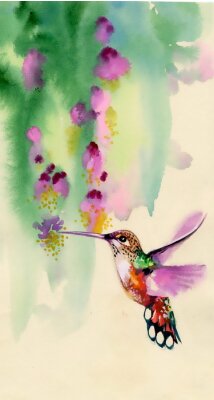 Fotobehang Vogel bij de bloemen in aquarel