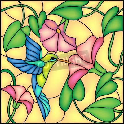 Fotobehang Vogel en bloemen als glas-in-lood raam