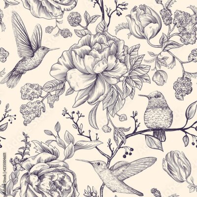 Vogels en bloemen in sepia