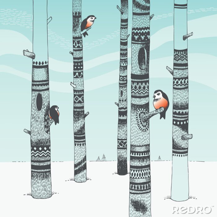 Fotobehang Vogels in de boom in Scandinavische stijl