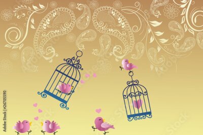 Fotobehang vogels in liefde op gouden achtergrond met florale Paisley ontwerp