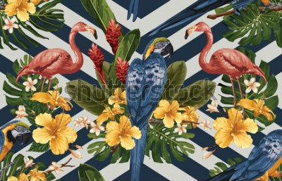 Fotobehang Vogels op een achtergrond van bloemen en strepen
