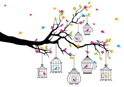 Vogels op een boom in een kooi