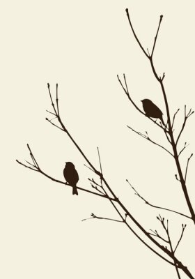 Fotobehang Vogels op een boom in minimalistische stijl