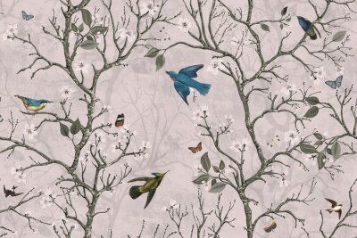 Fotobehang Vogels vliegen tussen bomen in retro stijl