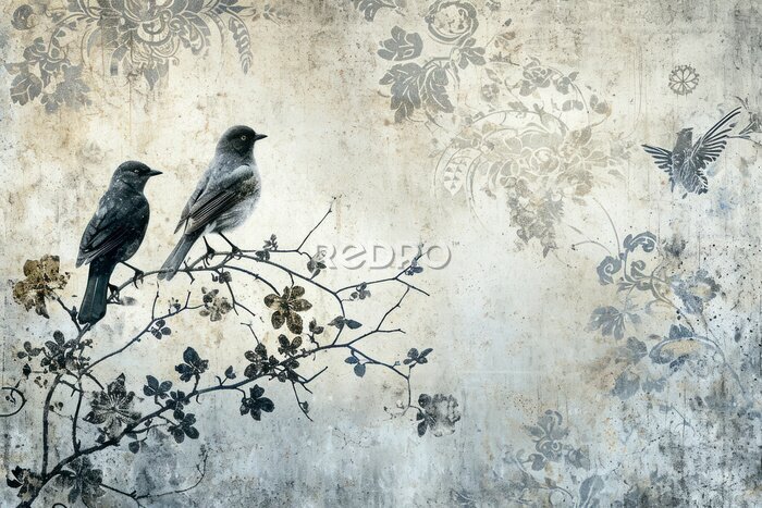 Fotobehang Vogels zitten op takken met ornamenten op een betonnen achtergrond