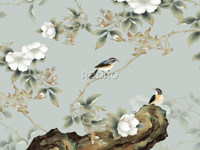 Fotobehang Vogels zitten op takken met witte bloemen