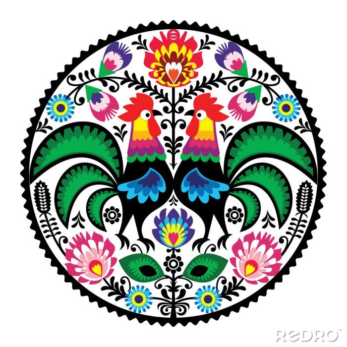 Fotobehang Volksmotief met bloemen en hanen in de stijl van Łowicz