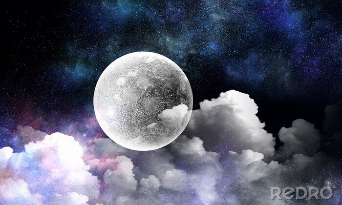 Fotobehang Volle maan tegen een bewolkte sterrenhemel