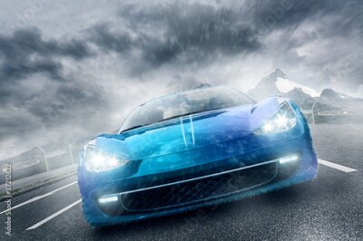 Fotobehang Vooraanzicht van een auto die in de regen rijdt