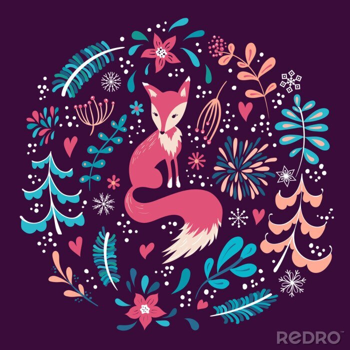 Fotobehang Vos tussen planten op kastanjebruine achtergrond