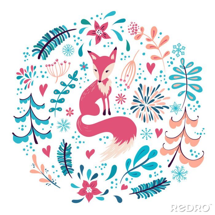 Fotobehang Vos zittend bij kleurrijke planten