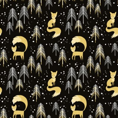 Vossen en bomen in zwarte en gele tinten