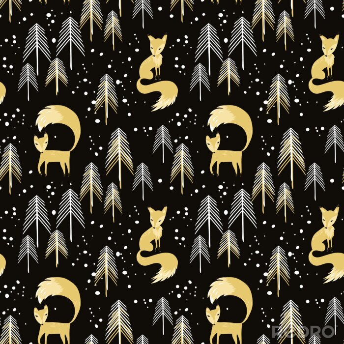 Fotobehang Vossen en bomen in zwarte en gele tinten