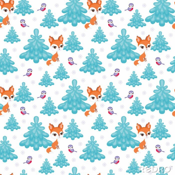 Fotobehang Vossen en vogels in het winterbos