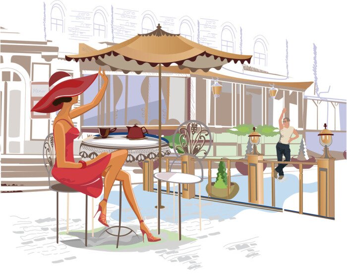 Fotobehang Vrouw in een straatcafé in geïllustreerde stijl