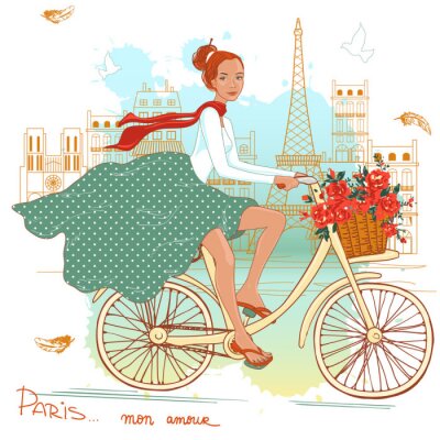 Fotobehang Vrouw op een fiets in Parijs
