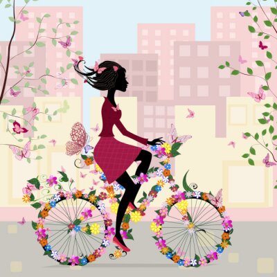 Fotobehang Vrouw op een fiets van vlinders