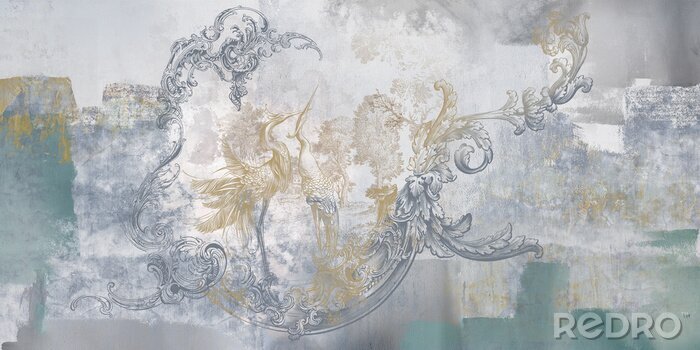 Fotobehang Wall mural, wallpaper, in the style of classic, baroque, modern, rococo. Wall mural with birds and concrete grunge background. Light, delicate photo wallpaper design.