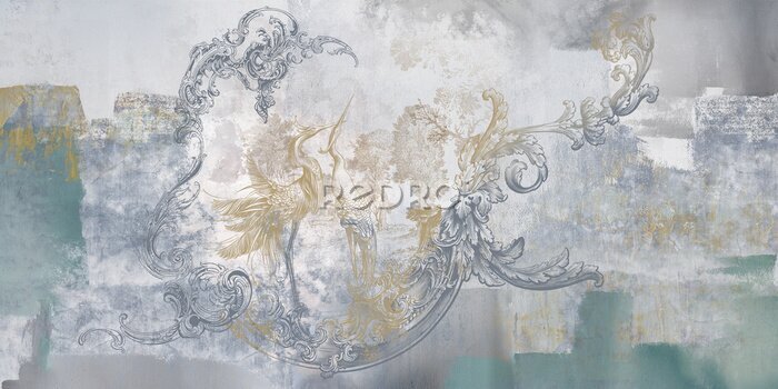 Fotobehang Wall mural, wallpaper, in the style of loft, classic, baroque, modern, rococo. Wall mural with graphic birds and patterns on concrete grunge background. Light, delicate photo wallpaper design.